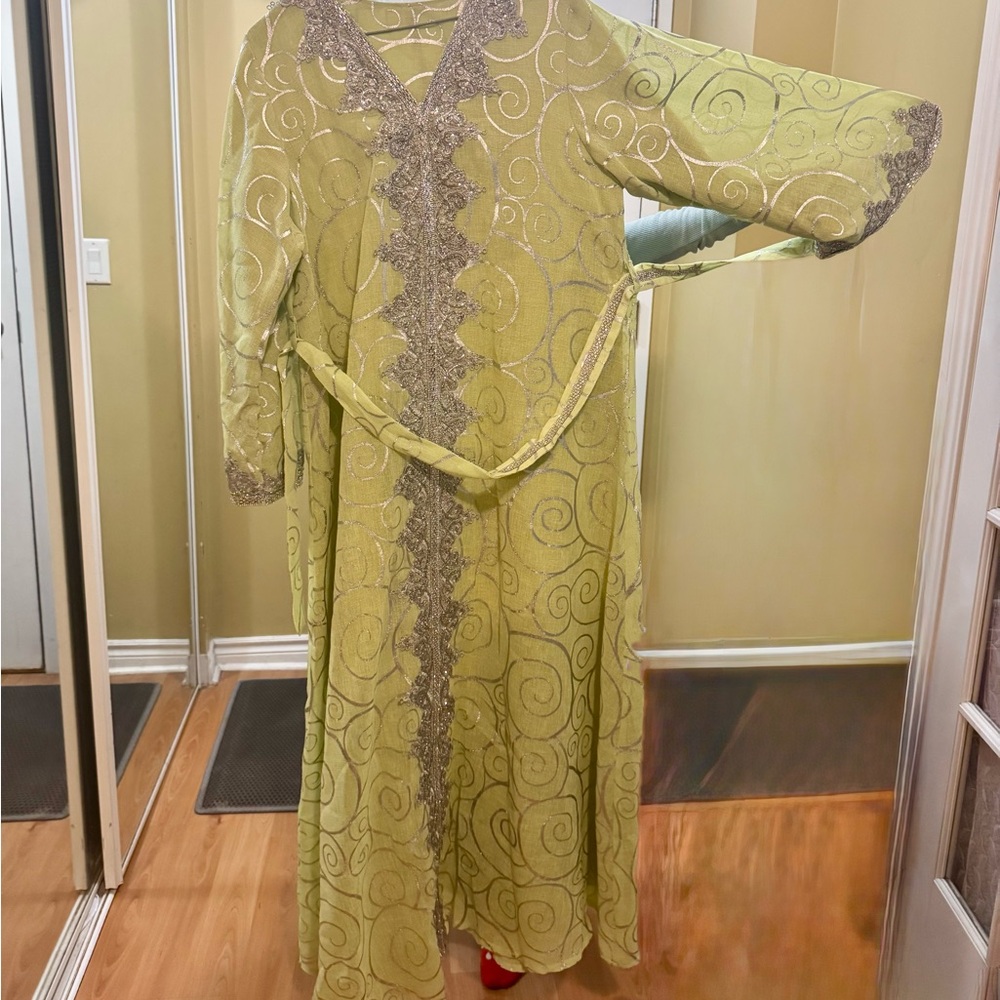 Elegant Green and Silver Embroidered Abaya Gown